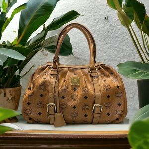 MCM Visetos Cognac Leather Boston Bag, MCM lock & 2 key included, EUC